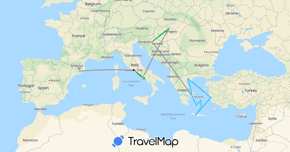 TravelMap itinerary: driving, bus, plane, train, boat in Spain, Greece, Croatia, Hungary, Italy, Turkey, Vatican City (Asia, Europe)